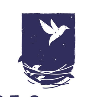 White on dark blue. A stylised bird flies away from a nest, while another bird peers out from deep in the twigs.